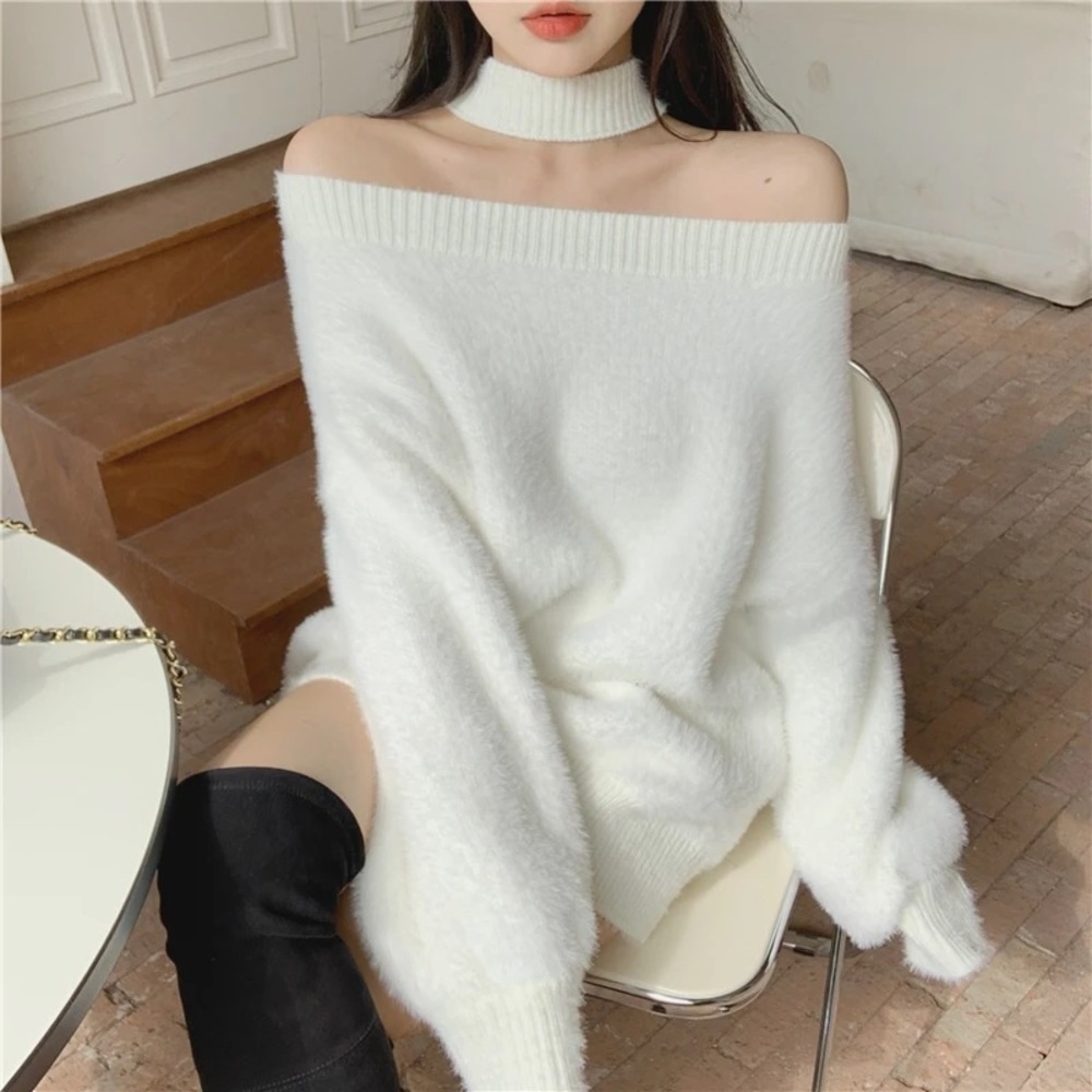 Sweater dress shirt halter reversible style white womens off shoulder - Picture 6 of 16